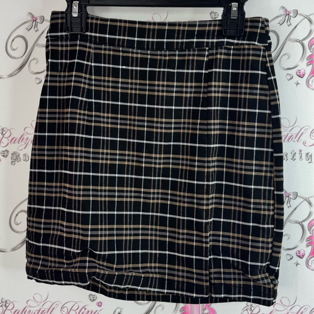 Garage skirt plaid gingham Black white Tan Plaid Mini Skirt pencil